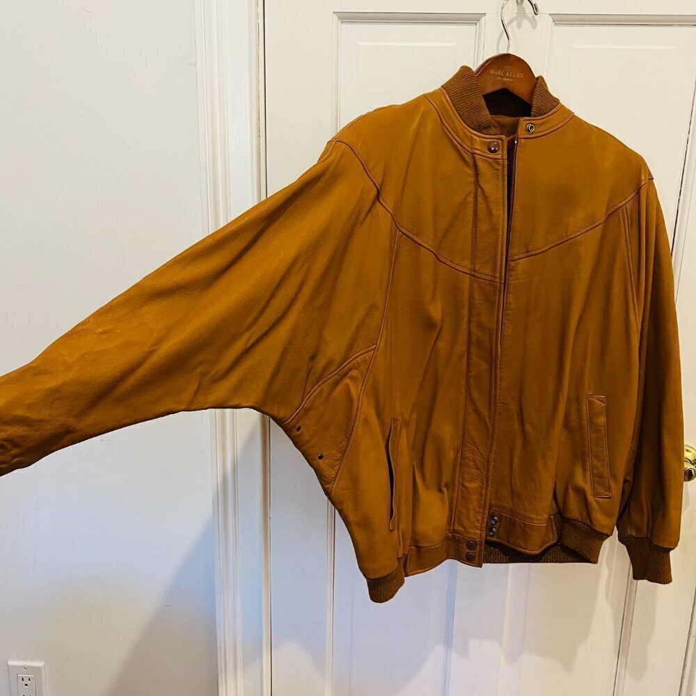 Vintage 80s 90s ETIENNE AIGNER Womens L Leather Bomber Jacket Cognac Brown 12 - Picture 11 of 16